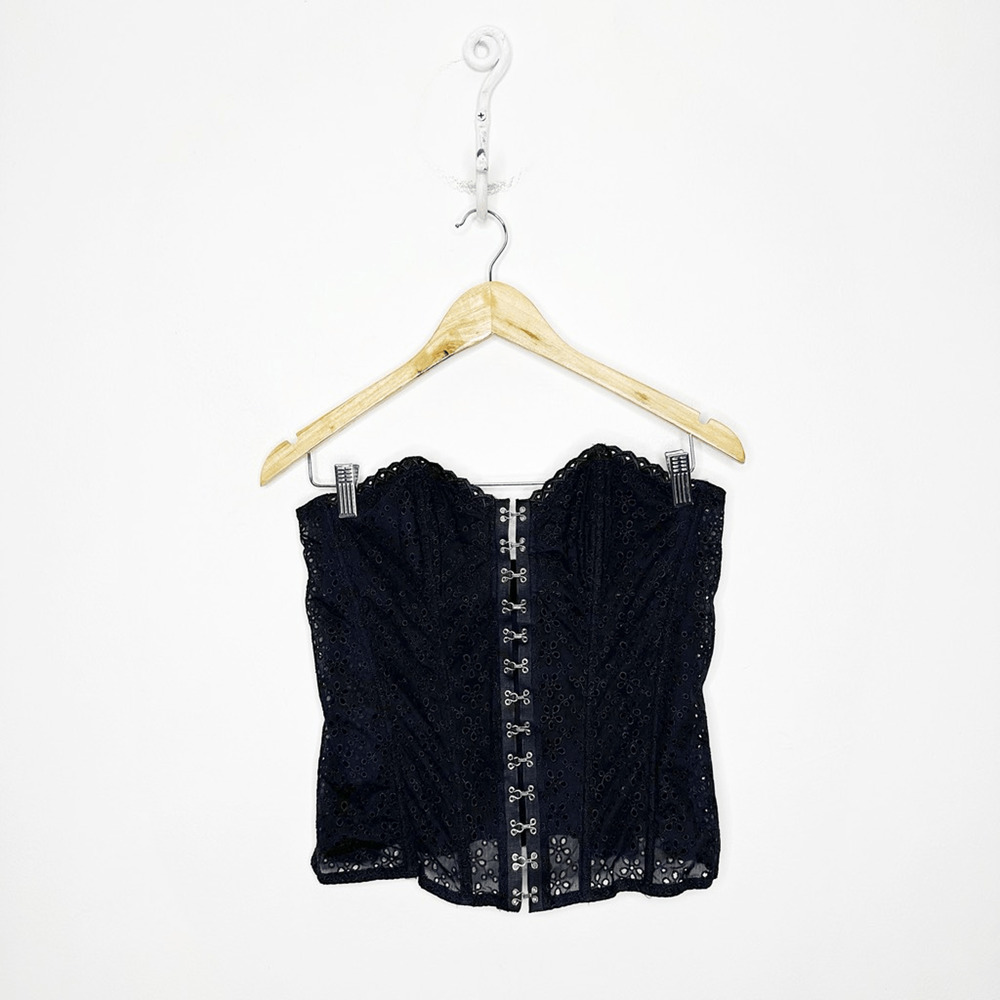 Y2k 00s 90s Maison Lejaby eyelet lace strapless bustier black corset size Large
